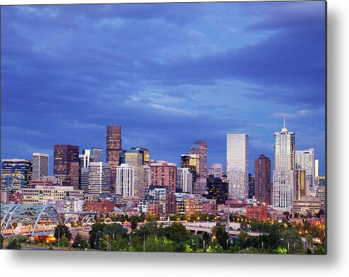 Corporate Business Metal Print featuring the photograph Denver Skyline At Night by Beklaus
