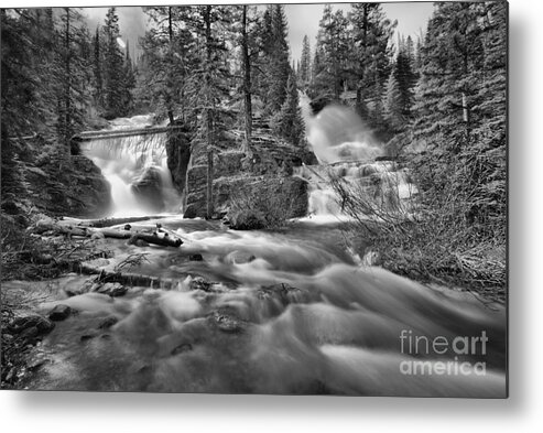 Twin Falls Metal Print featuring the photograph Double Falls At Glacier Park Black And White by Adam Jewell