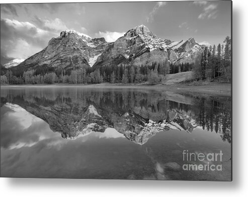 Wedge Pond Metal Print featuring the photograph Early Morning Kananaskis Reflections Black And White by Adam Jewell