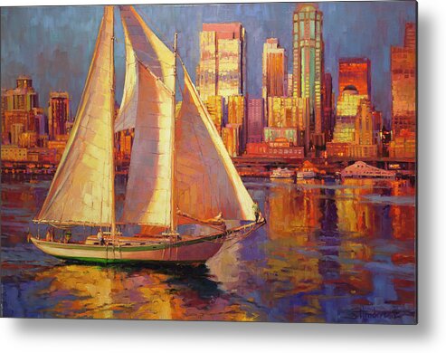 Sailboat Metal Print featuring the painting Emerald City Twilight by Steve Henderson