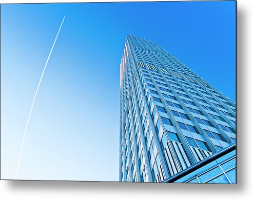 Central Bank Metal Print featuring the photograph Eurotower With Blue Sky And Jet Trail by Instamatics