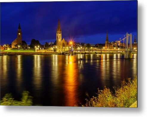 Architecture Metal Print featuring the photograph Evening View Of Greig Street Bridge, River Ness, Churches, Inverness by Ran Dembo