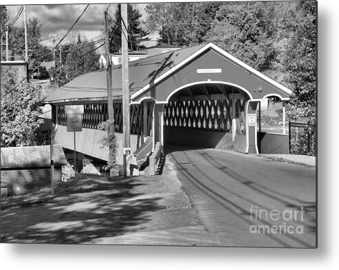 Thompson Covered Bridge Metal Print featuring the photograph Fall Colors At The West Swanzey Covered Bridge Black And White by Adam Jewell