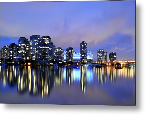 Tranquility Metal Print featuring the photograph False Creek - Sunset On A Cloudy Evening by Leuntje