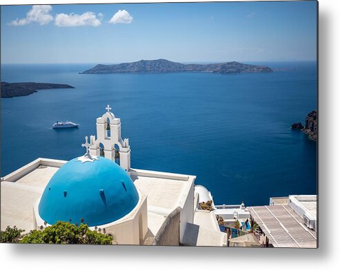 Landscape Metal Print featuring the photograph Fira And Blue Dome, Santorini, Greece by Levente Bodo