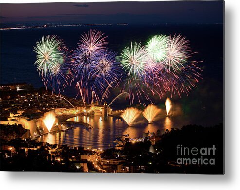 Firework Display Metal Print featuring the photograph Firework Over Harbor At Night by Bruno Paci