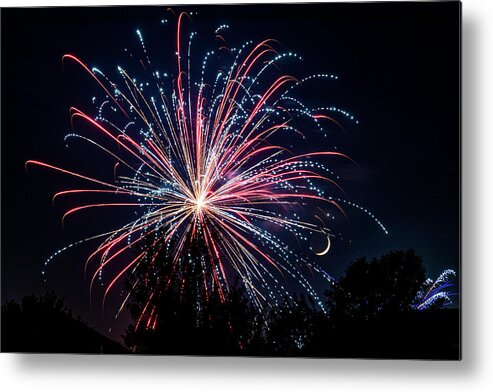Fireworks Metal Print featuring the photograph Fireworks and Moon by Allin Sorenson