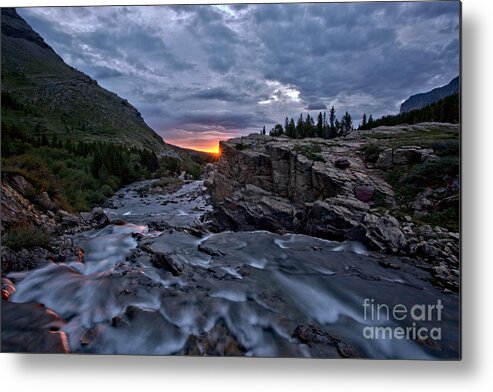 Swiftcurrent Falls Metal Print featuring the photograph First Sunlight Over Swiftcurrent Falls by Adam Jewell
