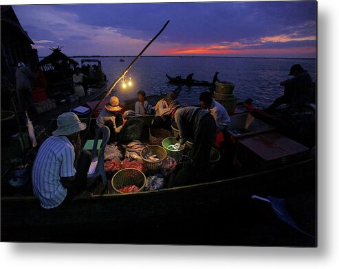 Dawn Metal Print featuring the photograph Fish Market At Night On Tonle Sap Lake by Timothy Allen