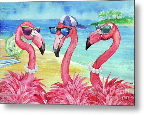 Watercolor Metal Print featuring the painting Flamingo Friends and Guy by Paul Brent