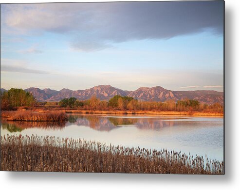 Water's Edge Metal Print featuring the photograph Flatirons At Dawn Reflecting In Lake by Beklaus