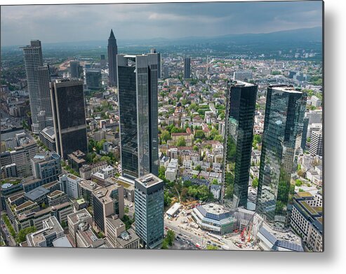 Central Bank Metal Print featuring the photograph Frankfurt Downtown Skyscrapers Aerial by Fotovoyager