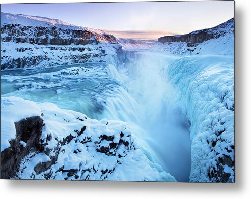 Extreme Terrain Metal Print featuring the photograph Frozen Gullfoss Falls In Iceland In by Sara winter