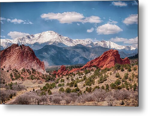 Tranquility Metal Print featuring the photograph Garden Of The Gods And Pikes Peak by Ronnie Wiggin