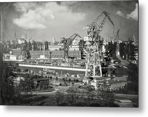 Gdansk Metal Print featuring the photograph Gdansk Shipyard Poland Black and White by Carol Japp