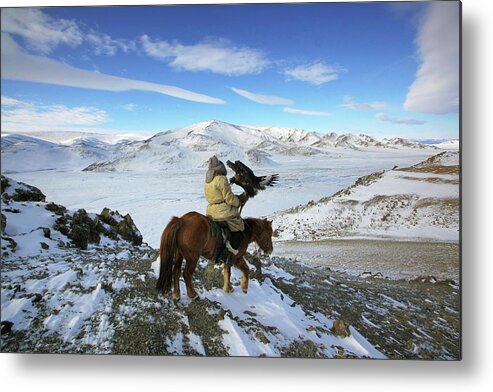 Horse Metal Print featuring the photograph Golden Eagle Hunter Riding In Altai by Timothy Allen