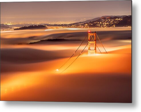Night Metal Print featuring the photograph Golden Gate Bridge Covered By Low Fog. by Jennie Jiang