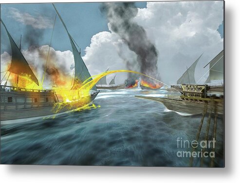 Greek Fire Metal Print featuring the photograph Greek Fire Being Used In A Naval Battle by Jose Antonio Penas/science Photo Library