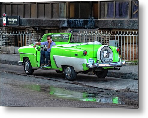 Havana Cuba Metal Print featuring the photograph Green And White Taxi by Tom Singleton