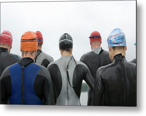 People Metal Print featuring the photograph Group Of Triathletes Standing By Lake by Lothar Schulz