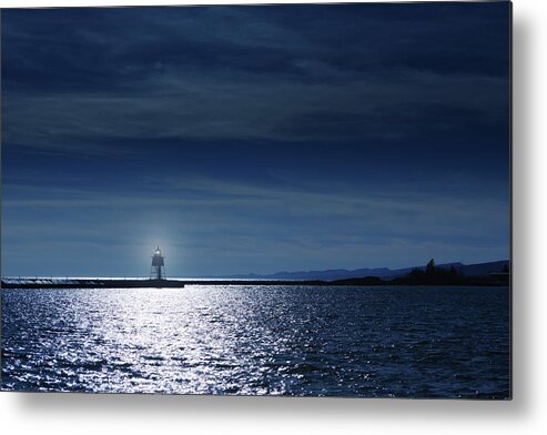 Scenics Metal Print featuring the photograph Harbor Lighthouse With Guilding Light by Yinyang