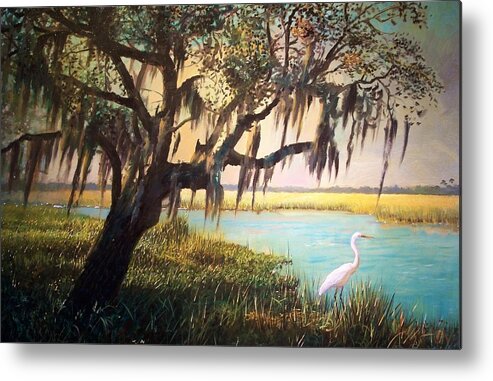 Marsh Metal Print featuring the painting Heron and Live Oak Tree by Blue Sky
