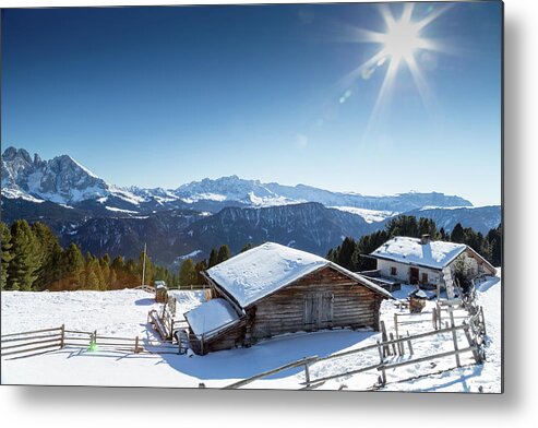 Alpine Metal Print featuring the photograph High-altitude mountain hut in front of a panorama of snow-capped by Vivida Photo PC
