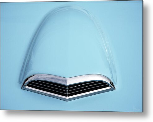 1955 55 Ford Thunderbird Dramatic Angle Perspective Car Vintage Metal Print featuring the photograph Hood detail of 1955 Vintage Blue Ford Thunderbird by Peter Herman