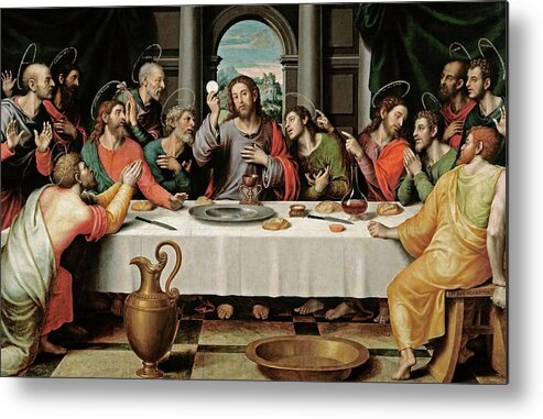 Juan De Juanes Metal Print featuring the painting Juan de Juanes / 'The Last Supper', ca. 1562, Spanish School, Oil on panel, 116 cm x 191 cm, P00846. by Vicente Juan Masip -c 1507-1579-