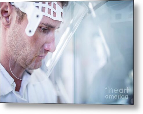 Lab Metal Print featuring the photograph Lab Technician Wearing Face Shield by Science Photo Library