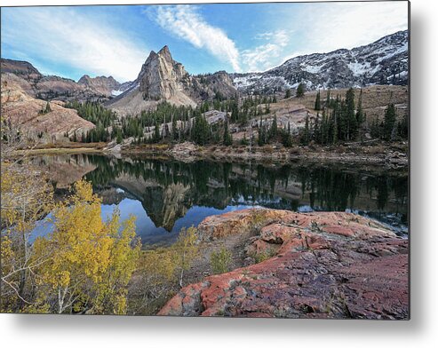 Utah; Landscape; Aspen; Autumn; Fall; Foliage; Granite; Yellow; Golden; Orange; Glow; Blue; Leaves; Wasatch Mountains; Little Cottonwood Canyon; Metal Print featuring the photograph Lake Blanche and the Sundial - Big Cottonwood Canyon, Utah - October '06 by Brett Pelletier