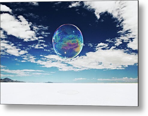 Mid-air Metal Print featuring the photograph Large, Round Bubble Floating Above Salt by Andy Ryan