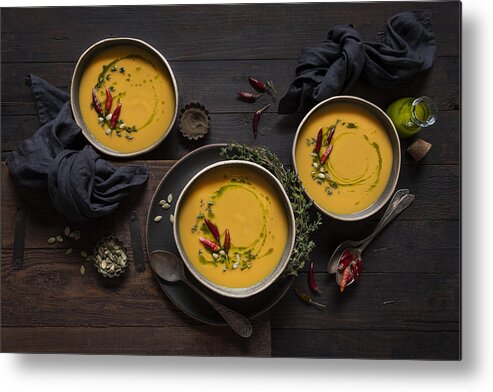 Kitchen Metal Print featuring the photograph Leek And Pumpkin Spicy Soup by Diana Popescu