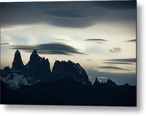 Dusk Metal Print featuring the photograph Lenticular Clouds above the Torres del Paine at Dusk by Mark Hunter