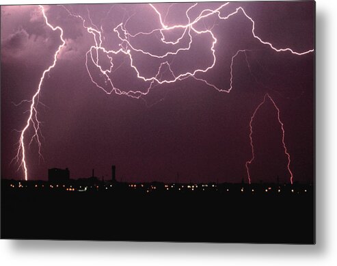 Thunderstorm Metal Print featuring the photograph Lightning Over City by John Foxx