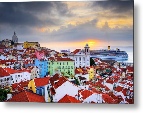 Sea Metal Print featuring the photograph Lisbon, Portugal Sunrise Skyline by Sean Pavone