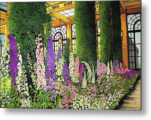 Pathway Decorated With Delphiniums In An Ornate Garden Metal Print featuring the painting Longwood Gardens - Delphinium, Pennsylvania by Thelma Winter