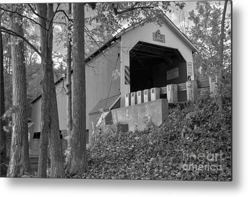 Eagleville Covered Bridge Metal Print featuring the photograph Looking Up At The Eagleville Covered Bridge Black And White by Adam Jewell