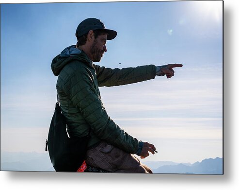 Summit Metal Print featuring the photograph Male Hiker Pointing On The Summit In The North Cascades by Cavan Images