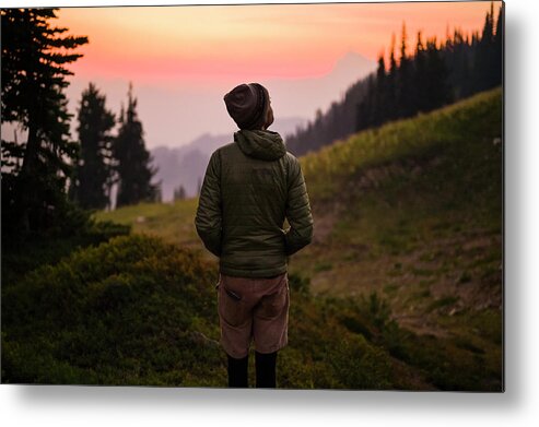 Portrait Metal Print featuring the photograph Male Hiker Watching Sunset In The Cascade Mountains by Cavan Images