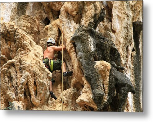 Sports Helmet Metal Print featuring the photograph Man Climbing Rock by Nisa And Ulli Maier Photography