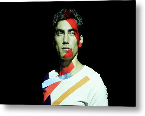 People Metal Print featuring the photograph Man Covered In Projected Colorful Lines by Mads Perch
