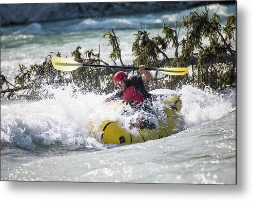 Rafting Metal Print featuring the photograph Man Paddling White Water Raft Flips After Hitting Huge Rapid. by Cavan Images