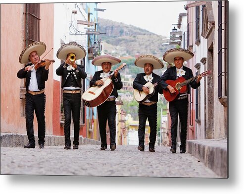 Mature Adult Metal Print featuring the photograph Mariachi Band Walking In Street by Pixelchrome Inc