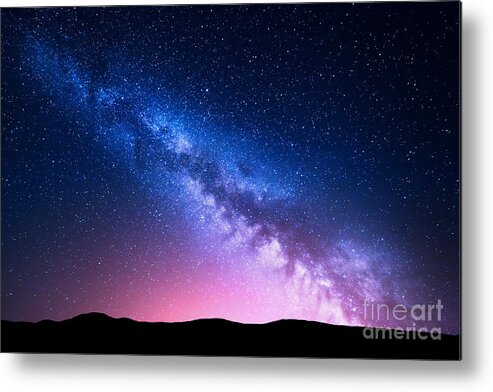Nocturnal Metal Print featuring the photograph Milky Way And Pink Light At Mountains by Denis Belitsky