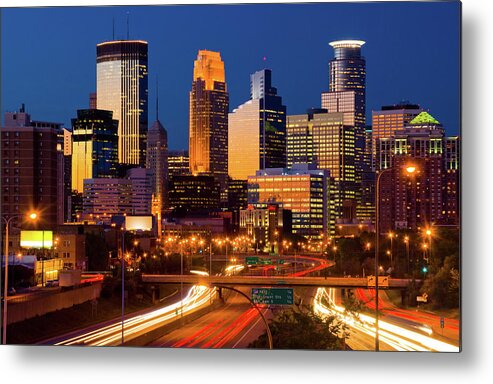 Downtown District Metal Print featuring the photograph Minneapolis Skyline At Dusk by Davel5957