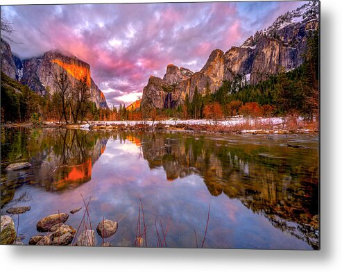 Yosemite National Park
Valley View
Sunset
Reflection
Lake Reflection
Yosemite
Clouds
Yosemite Valley View Sunset Metal Print featuring the photograph Mirror World by Sophia Li