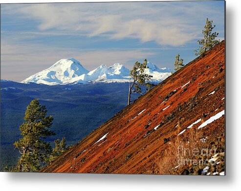 Summer Metal Print featuring the photograph Mokst Butte red cinder cone and distant snowy Cascade Mountains Mts and 3 Three Sisters Wilderness by Robert C Paulson Jr