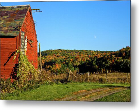 Vermont Red Barn Metal Print featuring the photograph Moon rise over Vermont foliage on the farm by Jeff Folger