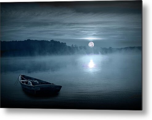 Water Metal Print featuring the photograph Moonrise over a Lake with Rowboat by Randall Nyhof